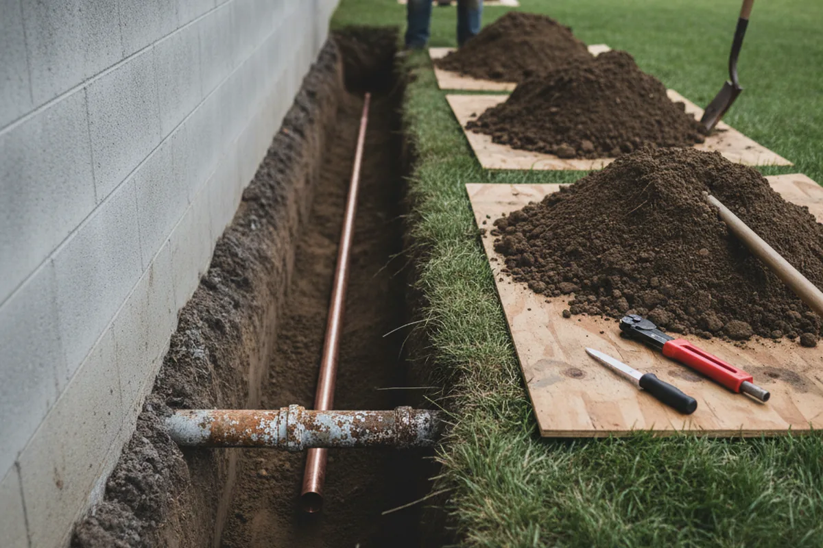 Excavated water line trench during Sewer Line Repair in South Richmond Hill